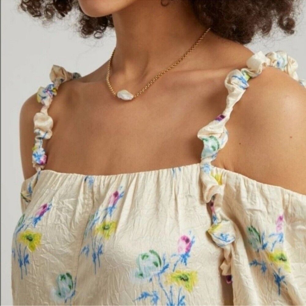 NWT GANNI - Ganni Floral Off the Shoulder Long Sleeve Crinkled Satin Maxi Dress - Picture 5 of 9